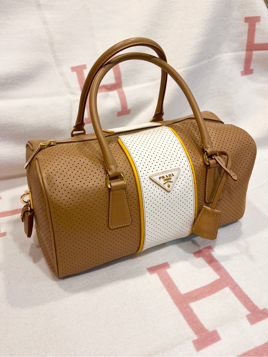 Prada Handbags - PRADA⭐️Vitello Daino Tan and White Perforated Leather Large Prada Barrel Hobo!⭐️